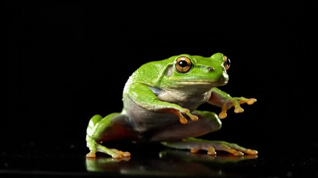 A vibrant green frog performs an energetic dance on a reflective surface in a dark environment from a frontal viewpoint