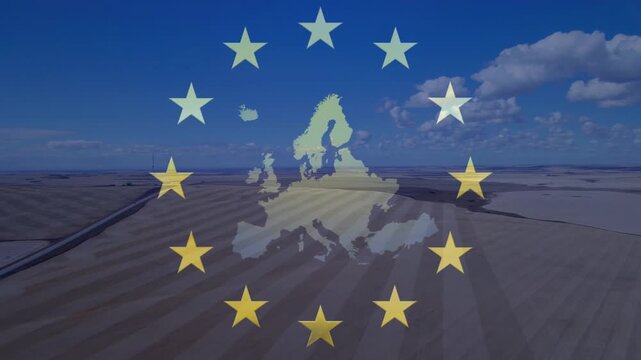 On start Europe map graphic brightening while stars forming ring over tilled fields showing crops