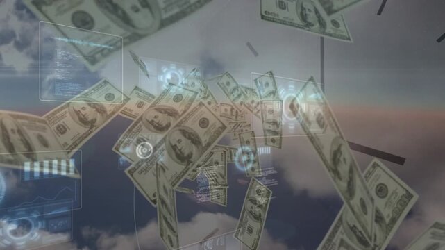 Camera moving forward, USD bills swelling and swirling as HUD panels appearing showing money flow