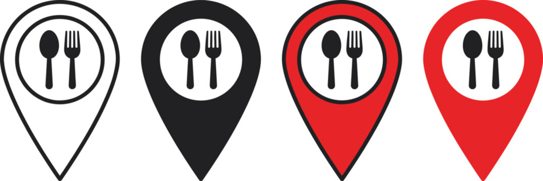 Restaurant location map pin icon set with fork and spoon symbols, food delivery and cafe pointer vector illustration for navigation and dining.