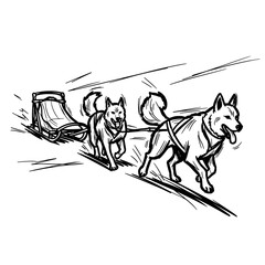 Two sled dogs pulling a sled while running on snowy terrain  in sketchy doodle style