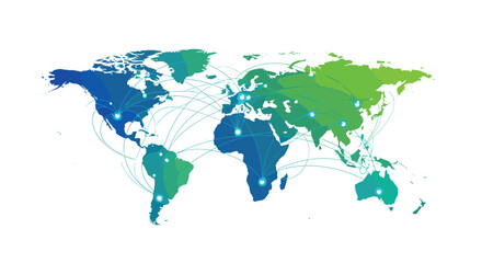 Fototapeta premium A vibrant gradient world map displays numerous interconnected glowing blue nodes across its continents on a clean white background.