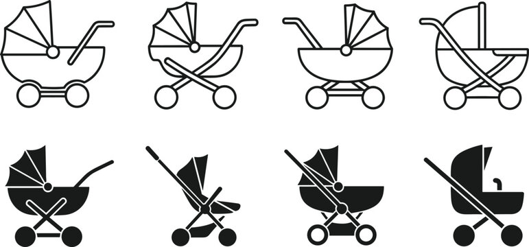 Baby stroller icon set featuring carriage and pram symbols in black silhouette and thin line styles, vector illustration for childhood and parenting.
