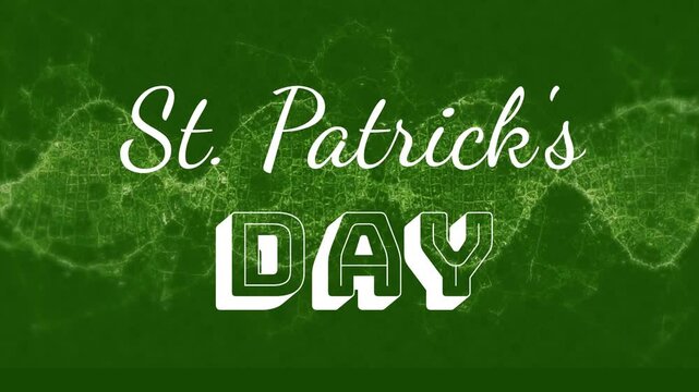 Particle wave appearing left and moving right pulsing glowing behind title marking St Patricks Day