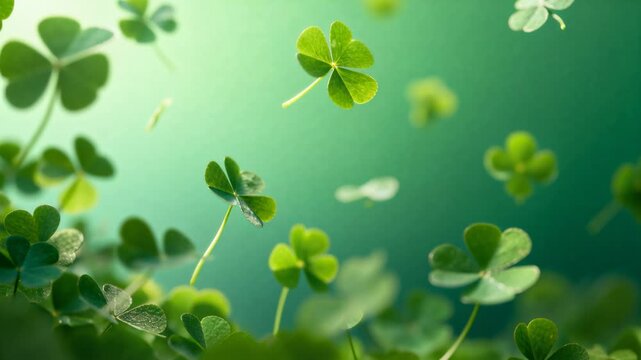 Frames showing central four-leaf clover rising and rotating in macro close-up with blurred leaves
