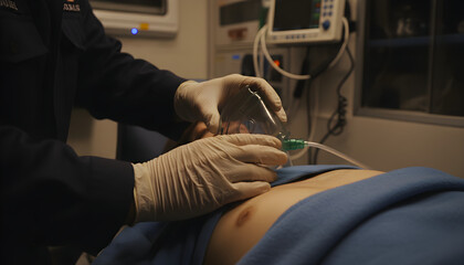 Obraz premium Paramedic providing emergency oxygen aid to patient