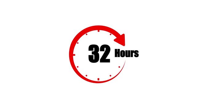 32 Hour Countdown Timer Animation with Red Rotating Arrow on White Background