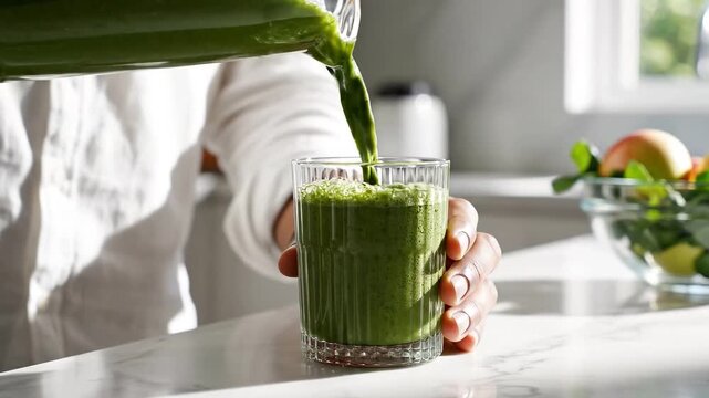 Medium close-up footage of hands pouring a rich, vivid green smoothie from a glass blender jar into a transparent stylish glass. Bright sunlit kitchen interior, natural tones, spotless ultra-clean set