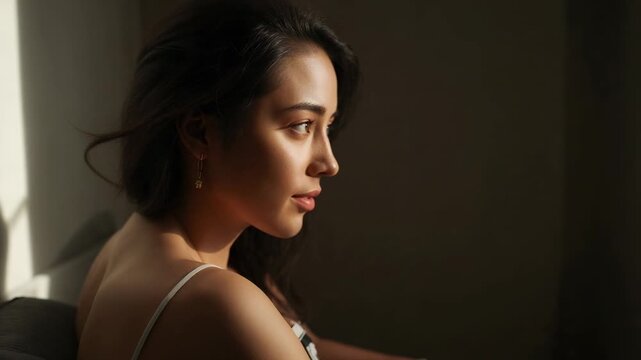 Tilting Asian woman on sofa, raising face toward sunlight and showing earring with patterned top