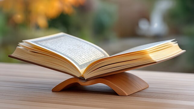 Open Quran on Wooden Stand With Soft Light Illuminating Pages in a Serene Setting