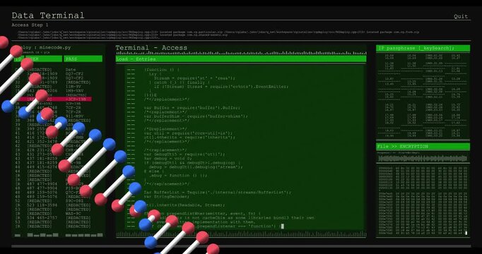 Data Terminal appearing, editor filling with code and scrolling, DNA helix shifting left for review