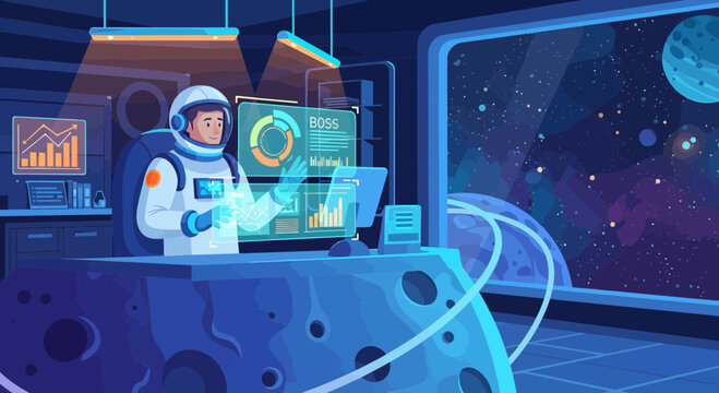 Astronaut working with futuristic holographic interface in space.