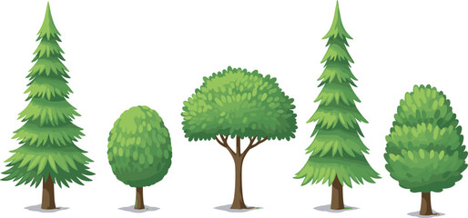 "Stylized tree illustration set featuring coniferous and deciduous varieties with unique foliage shapes, perfect for landscape design, education, and environmental projects" © Itz Shahin