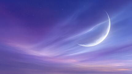 Crescent Moon in Ramadan Night Sky With Clouds and Soft Colors