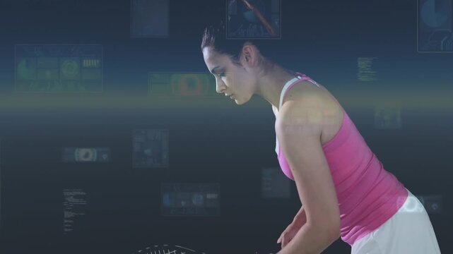 Woman tennis player adjusting grip tossing ball coiling torso preparing serve while HUD guiding aim