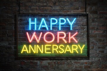 Fototapeta premium Bright neon sign wishing happy work anniversary displayed against a rustic brick wall in a cozy, inviting atmosphere celebrating professional milestones and achievements