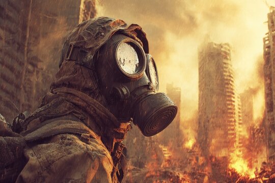 Future landscape depicting human extinction in a global warming apocalypse, featuring a figure in protective gear amidst crumbling skyscrapers and environmental devastation