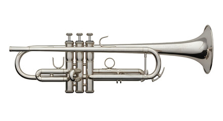 Obraz premium Silver trumpet instrument isolated on transparent background viewed from the side