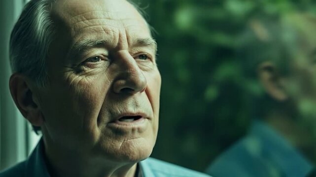 Contemplative Portrait: An elderly individual peers out a window, his expression etched with a lifetime of experience and reflection. capturing the quiet moments of introspection and thought.