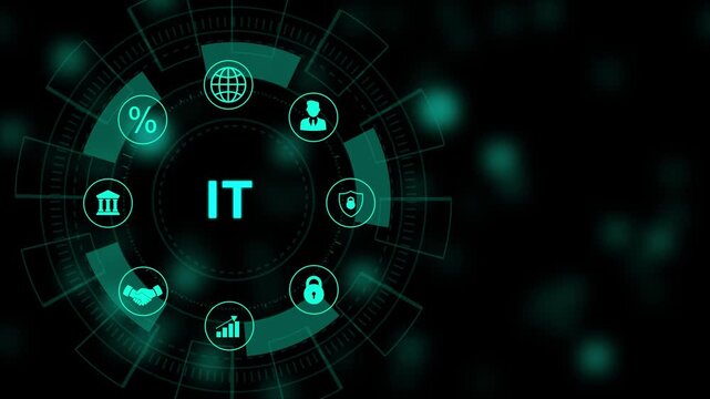 IT consultant presenting tag cloud about information technology. Abstract Technology, Internet and social media icons 4K animation background.