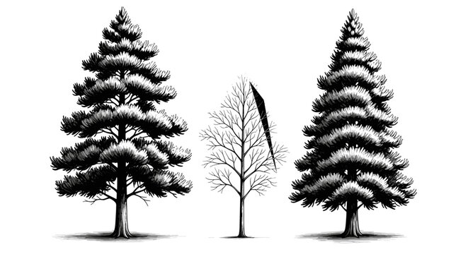 Pine trees and bare tree isolated on white background hand drawn illustration for forest