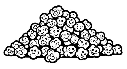 Popcorn kernels pile with cute smiling faces and character expressions for movie snacks and food branding
