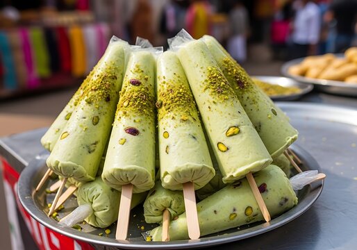 Delicious green kulfi ice cream sticks with pistachio and cardamom
