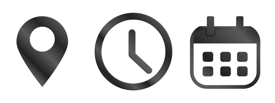  Time, date and address icon. Clock, calendar and location elements for scheduling vector illustration. Useful date and address details for navigation symbol. Clean minimal layout for interface sign