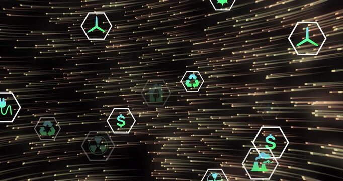 On start, hex icons drifting, cloning, shifting while streaks sliding, showing energy trends