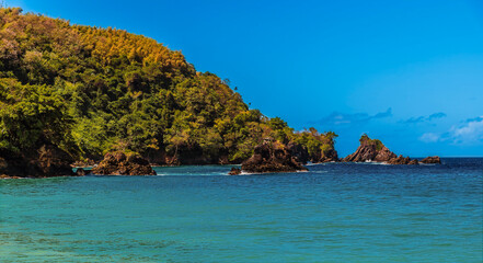 Naklejka premium A view west towards the headland at Englishmans Bay in Tobago on a bright day in January