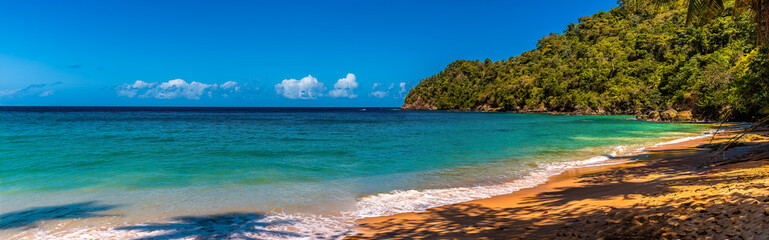 Fototapeta premium A view east along the shore at Englishmans Bay in Tobago on a bright day in January