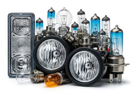 An assortment of various car headlights and bulbs displayed on a white background