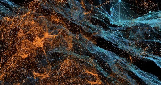 Incoming cyan mesh sweeping rightward shearing glowing orange cloud, forming layered data visual
