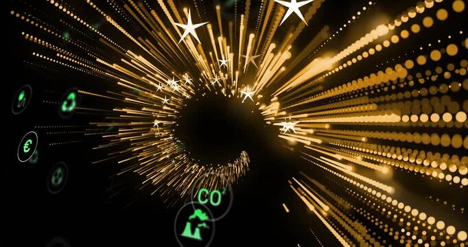 Core emitting gold rays, spiral tunnel extending, green icons orbiting, CO2 centering for climate