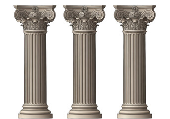 Obraz premium Classical Greek ionic columns set, ancient stone pillars with fluted shafts and scroll capitals, three architectural marble pedestals on white background