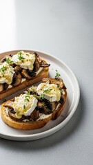 Mushroom and burrata toasts with olive oil and thyme for elegant brunch background and recipe banner