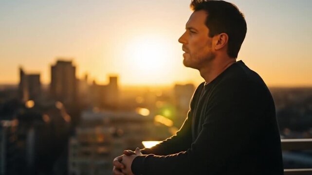 Sunrise contemplation: A man stands on a rooftop overlooking a city skyline, bathed in the soft glow of a sunrise, lost in thought. A moment of quiet reflection, serenity, and hope.