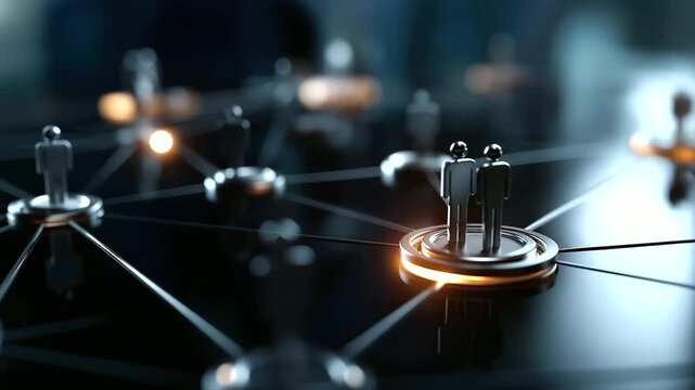 Networked organizational structure depiction heavily defocused HR human resources background digital hierarchy visualization employee management system corporate structure