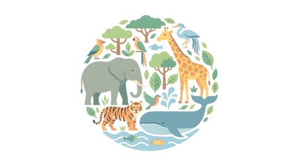 World Wildlife Day &mdash; 3 March Flat illustration of various animals in a circle including elephant giraffe tiger whale and birds surrounded by trees and leaves in a colorful whimsical design