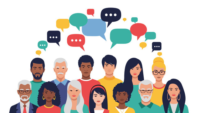 Multicultural group of people from different generations standing together with many colorful speech bubbles representing active communication.