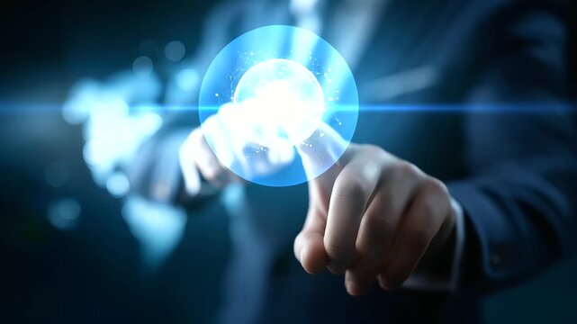 Faceless businessman touching digital interface with allocation icons heavily defocused satellite background anonymous professional with resource management display distribution