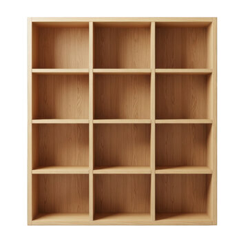 Minimalist wooden bookshelf with 12 square cubby holes, light oak wood storage cabinet, empty timber display shelf isolated on white background