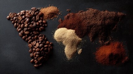 World map formed with coffee beans and grounds on dark background.