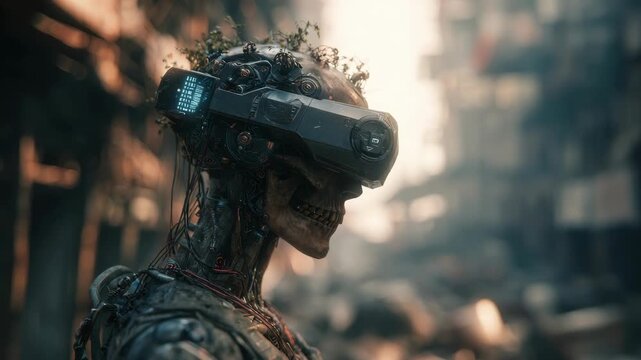Cybernetic humanoid with exposed skull and headset, detailed style, in ruined cityscape background, concept of dystopian future technology