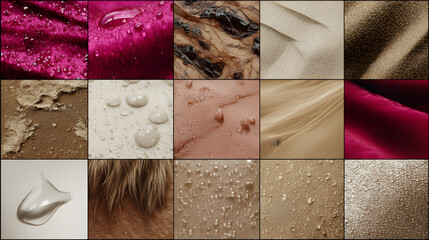 Sensory texture pack: velvet, sand, water droplets. Multi-feel background set for immersive storytelling. 4K seamless tiles