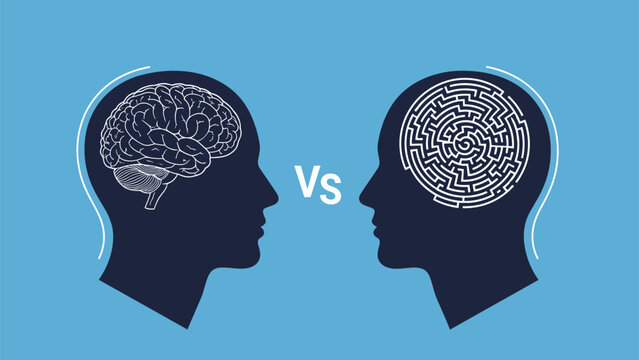 Conceptual illustration comparing logical thinking with complex problem solving showing one head with a brain versus another with a maze.