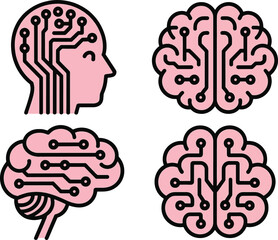 Brain and head circuit icons set