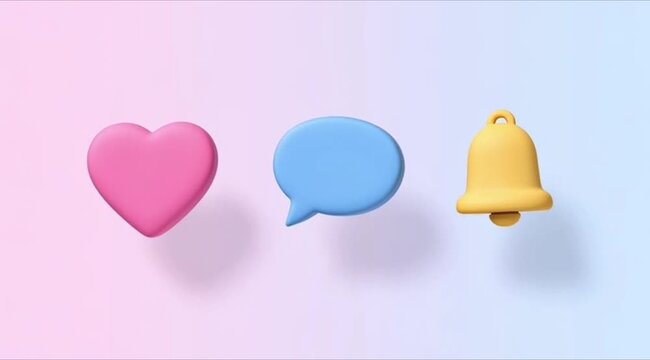 A 3d vector illustration set featuring a pink Christmas bell with ribbon and heart shape design on a white paper background for a Valentine style festive icon button or business frame