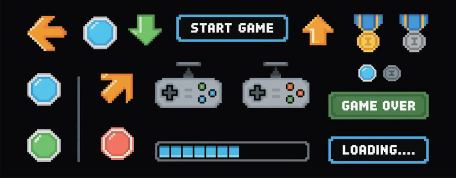 Pixel Art Arcade UI Set. 8 Bit Retro Buttons, Arrows, Joystick, Progress Bar, Trophies and Awards with Game Over Text. Video Console Interface Icons and Pixelated Heart, Medal, Gamepad.