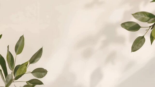 Swaying green leaves on thin stems shifting across beige backdrop with motion, casting shadows